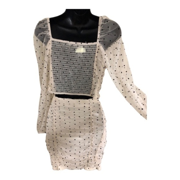 Cream 2pc polka dot chiffon tulle tufted sheer sleeve blouse &‎ skirt set size L - Picture 3 of 17